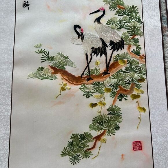 Vintage Chinese Silk Needlepoint Embroidered Tapestry Scroll 4 Panels Art Piece - Picture 6 of 16